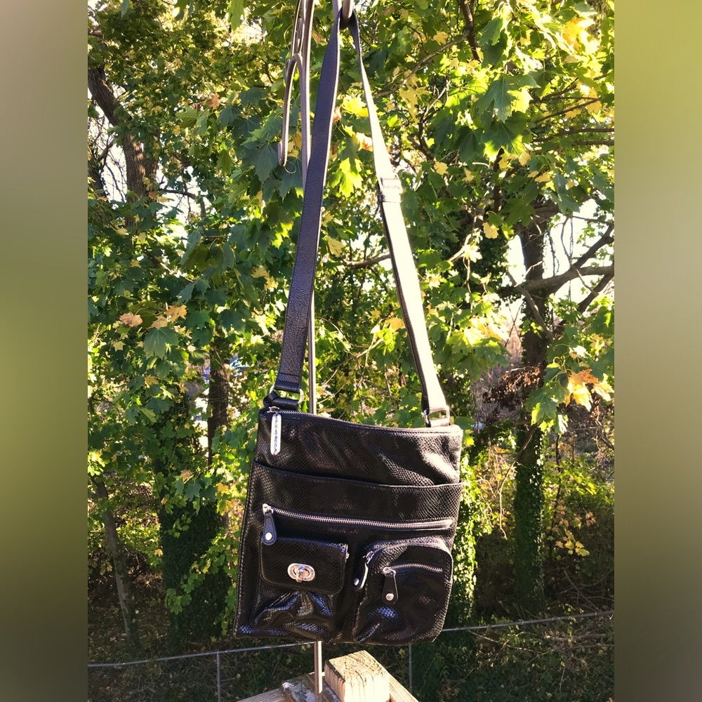 Brighton Black Leather Mock Snake Skin multi compartment Organizer crossbody bag